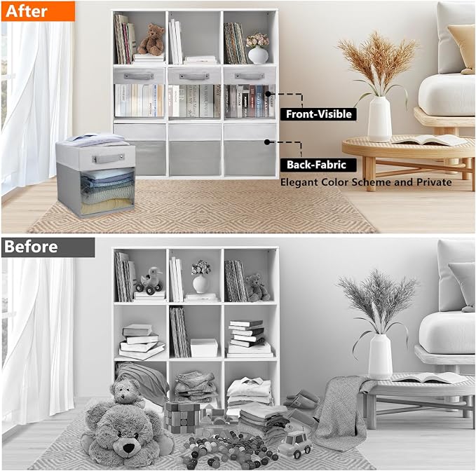 3-Pack Foldable Storage Cubes with Clear Window,Heavy Duty Fabric Storage Bins for Closet,Nursery,Office,Dorm & Home Organization,Space-Saving Box Organizer Basket for Books,Clothes,Toy (Gray & White)