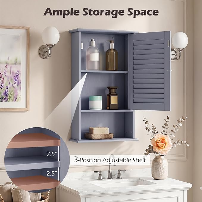 Tangkula Medicine Cabinet, Wall Mounted Bathroom Cabinet Single Door Wooden Bathroom Wall Cabinet with Adjustable Shelf (Grey)