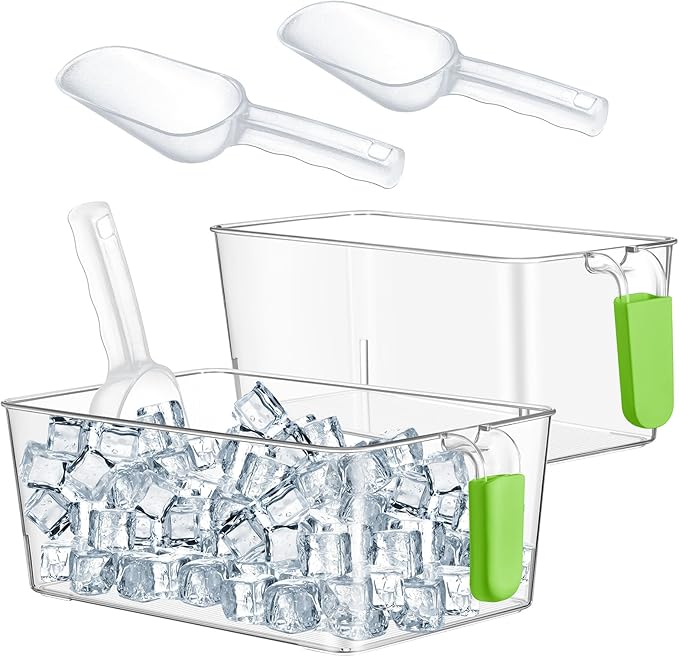 Havawish Ice Storage Bin and Flexible Scoop Set Plastic Freezer Bin | Freezer Ice Bin Scoop, Clear Bucket Container, Pull Handle, Flexible Storage, 10.83 X 7 X 4.33 In,10.83 X 4.92 X 4.33 in