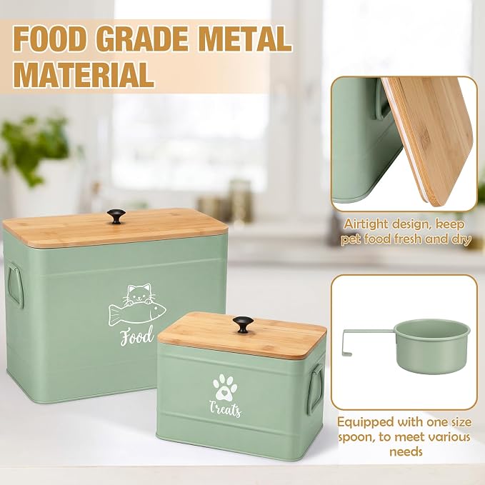 Reallnaive 2 Pcs Large Metal Cat Food Storage Containers 12+3.5 Lbs Decorative Pet Treat Snack Jars Airtight Bamboo Lids & Dry Food Scoop for Farmhouse Kitchen Counter Decor, Pet Owner Gifts(Green)