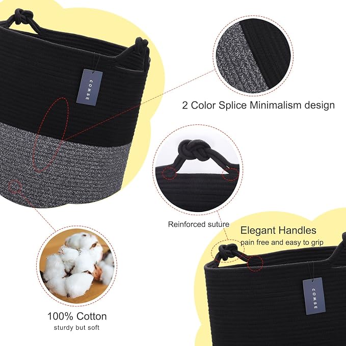 COMSE Tall Woven Blanket & Laundry Basket, 72L, Black | 15.7”x 21.7”, Cotton Rope, Large Nursery Hamper for Storage of Toys Clothes Towels, Great for Living Rooms Bedrooms Bathrooms