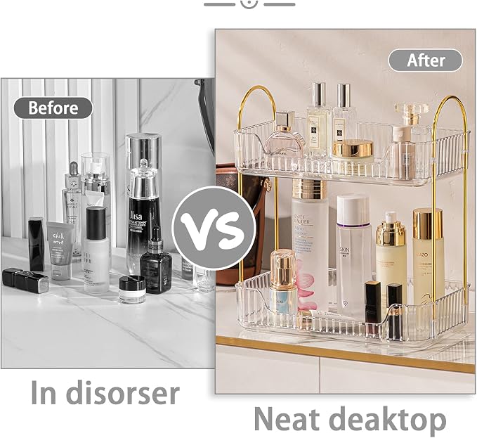 shuang qing 2 Tier Bathroom Counter Organizer Countertop Storage, Cosmetics Skincare Shelf Organizer, Makeup Organizer Perfume for Dresser Vanity Tray, Spice Rack Organizer for Kitchen - Clear