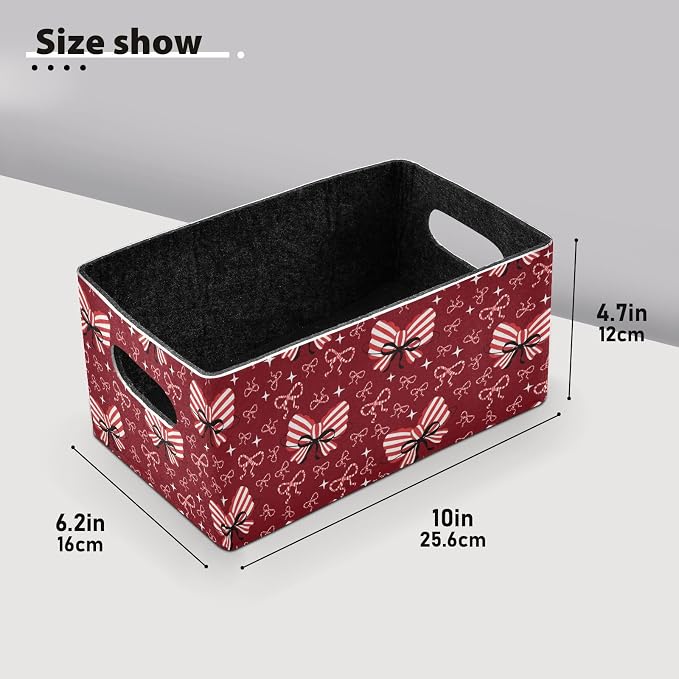 Emelivor Bow Knot Red Storage Basket Bins Set (2pcs) Felt Foldable Storage Bins with Fabric Rectangle Basket for Organizing for Laundry Room Organization