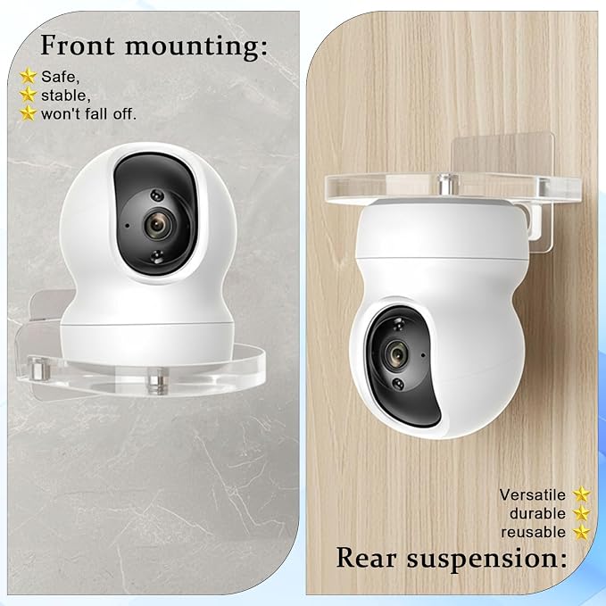 4 Pack Adhesive Security Camera Wall Mount, Universal Transparent Monitor Wall Mount Brackets with Cable Clips Versatile Surveillance Holder Self Adhesive Small Walls Shelf for Bedroom Kitchen Living
