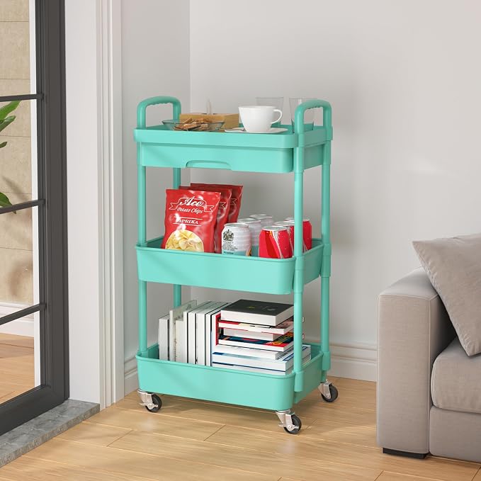 Calmootey 3-Tier Utility Cart with Drawer & Wheels, Storage for Home,Office | Space-Saving Organizer, Sturdy Plastic Shelves, Smooth-Rolling Metal Wheels, Built-in Drawer for Small Items, Green