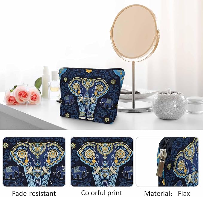 Elephant Makeup Bag - Adorable Cosmetic Bag, Day Of The Dead Sugar Skull Elephant Blue Zipper Bag Travel Toiletry Organizer Pouch For Gym Bathroom