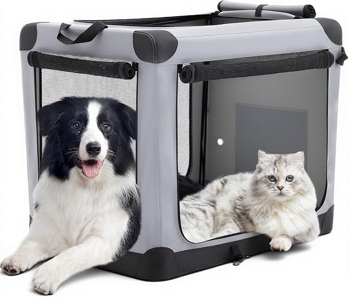 DUMOS Soft Dog Crate 42 Inch, X-Large Foldable Outdoor Cat Carrier | Foldable Portable Design, Indoor Outdoor Travel Kennel, Storage Bag, Washable Pad, Grey
