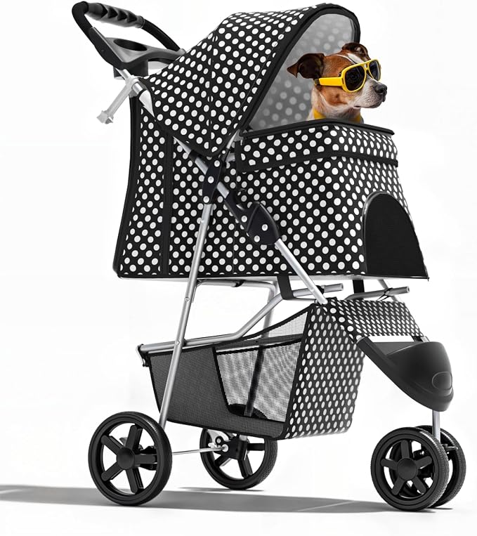Magshion 3-Wheel Pet Stroller for Small/Medium Dogs & Cats, Up to 33lbs | Foldable Travel Jogger w/ Breathable Mesh Cover, Lightweight Design, Safety Tethers, Cup Holder & Storage Basket