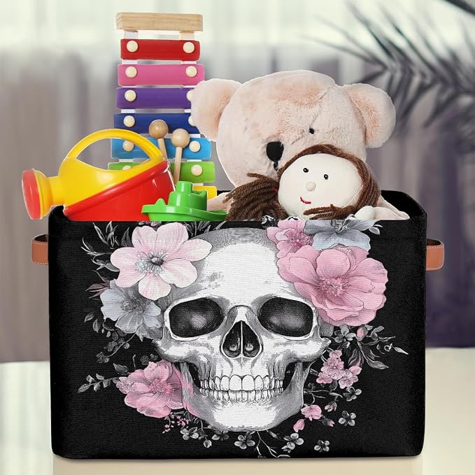 SEULIFE Floral Sugar Skull Flower Halloween Foldable Storage Basket, Large Collapsible Organizer Storage Bin Cube Toys Storage Boxes with Handles for Bathroom Kids Nursery Closet Storage, 2 Pack