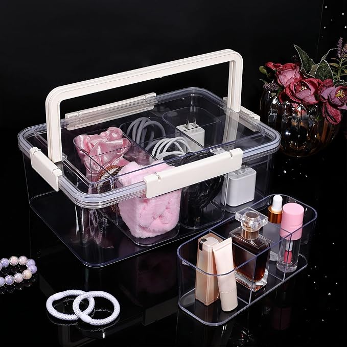 Large Cable Storage Box with Lid Clear Power Cords Organizer 4 Adjustable Dividers Case Desktop Cable Management Box for Home Office Phone Charger Art Crafts Stationery (Yellow)