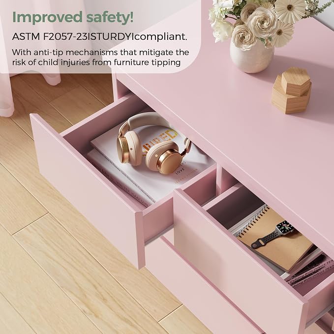 Pink 7 Drawer Dresser for Bedroom,Modern Wood Chest of Drawers,Closet Clothes Storage Organizer with Deep Drawers for Living Room Hallway Entryway,Nursery (15.3" D x 47.2" W x 32.3" H)