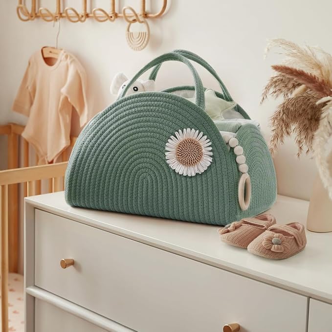 Baby Diaper Caddy Cotton Rope Diaper Organizer Basket Rainbow Theme Nursery Storage Bin Daypack Car Travel (Pink Daisy)