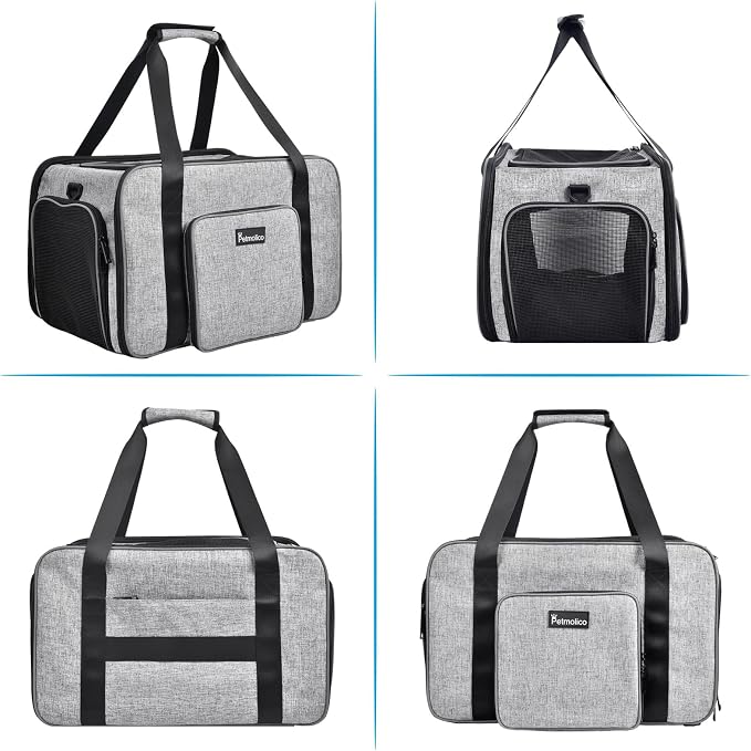 Petmolico Cat Carrier Soft-Sided Airline Approved, Medium, Grey-X863 | For small/medium cats & puppies up to 16 lbs, 3 open doors, travel-friendly pet bag