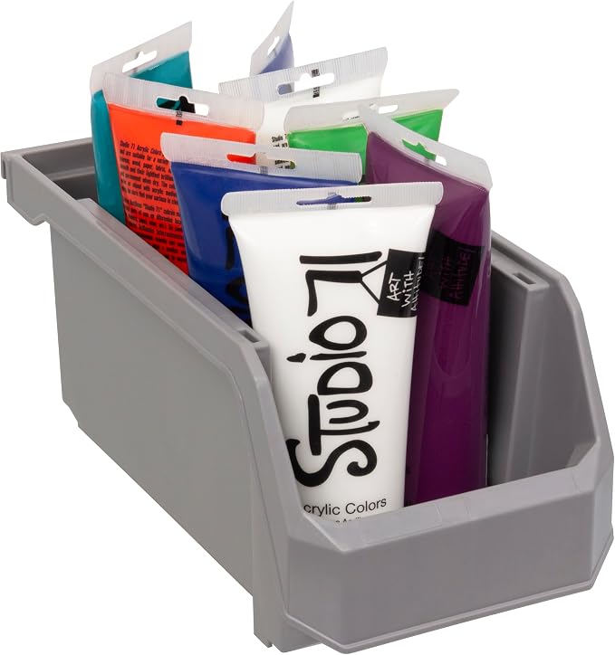 Medium Stackable Plastic Storage Bins, 8-Pack, Gray | Open-Front Stackable Bins For Garage, Pantry, Closet & Office, 11"L X 5,5"W X 5"H, Nests When Empty, Durable Plastic,