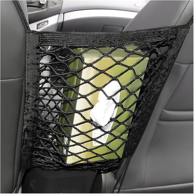 2-Layer Car Mesh Organizer, Seat Back Net Bag Stretchable Barrier of Backseat Pet Kids, Four-Side Elastic Storage Netting Pouch Cargo Tissue Purse Holder Between Front Seats
