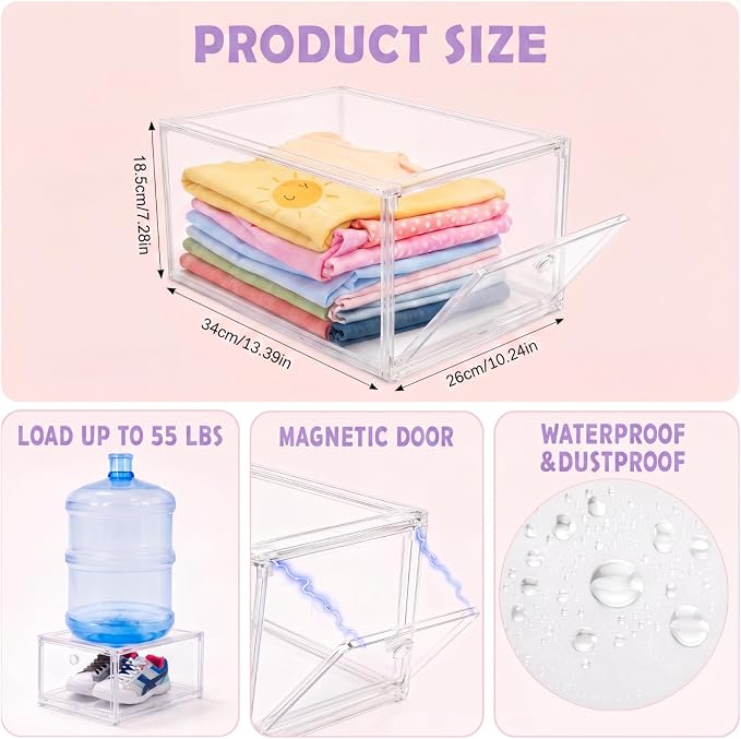 10-shelf Clothes Storage Organizer for Girls, Clear Plastic Bins | Clear Stackable Bins and Clothing Category Labels Help Organize Shirts, Pants and Dresses in Teen Bedrooms and Closets
