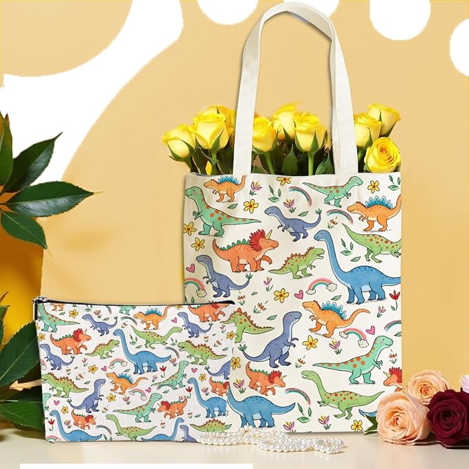 Cute Dinosaur Gifts Cosmetic Bags for Women Girls Bestie Dinosaur Animals Lovers Canvas Tote Bag Makeup Bag, Reusable Grocery Bags with Inner Pocket for Shopping Birthday Christmas Thanksgiving