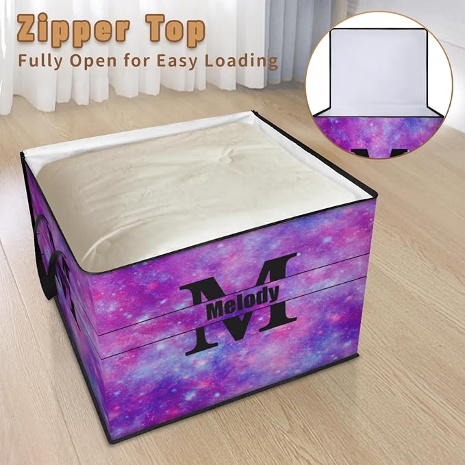 Custom Extra Large Storage Baskets Name with Lid, Personalized Initial Letter Storage Bins Basket Boxes Handles for Clothes Blanket Bedroom Closet Organizing Shelves, Watercolor Purple Universe