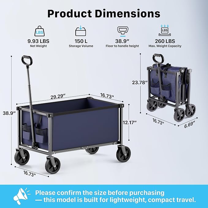 29.3" Collapsible Wagon Cart, 150L Heavy Duty Folding Utility Wagon with Wheels, 260 lbs Load, Portable Rolling Cart for Garden, Shopping, Sports, Camping, DarkBlue