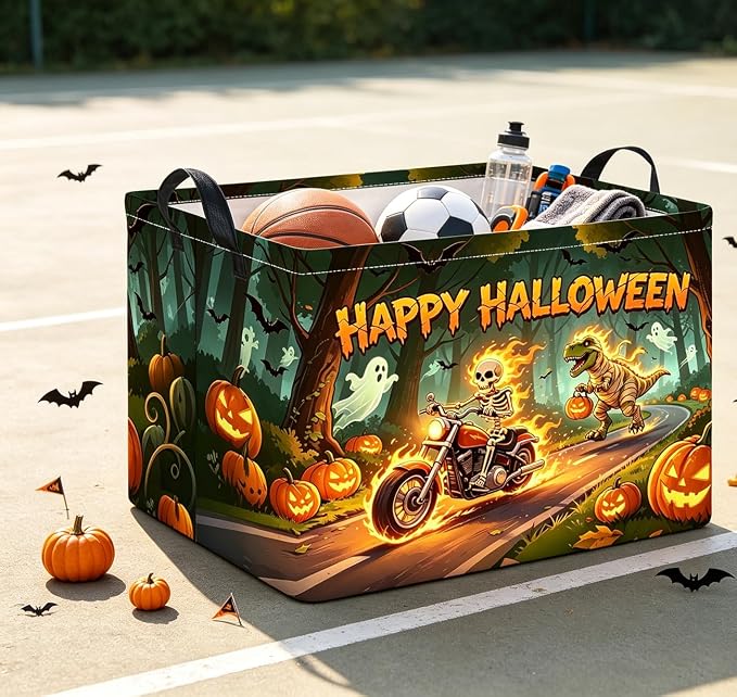Rectangle Storage Basket with Handles,Collapsible Storage Bin,Gift Basket(Fire Halloween)