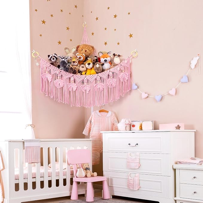 Macrame Stuffed Animal Storage with Star Light, Corner Hammock for Nursery | Corner Hanging Stuffed Animal Net Organizer for Girls' Room, Plushies Toy Wall Hanging Display Holder, Kid Gift