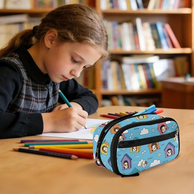 Cute Pets Puppy Blue print Large Capacity Pencil Case with Zipper Water Resistant Portable Organizer Pen Bag for Students Office School