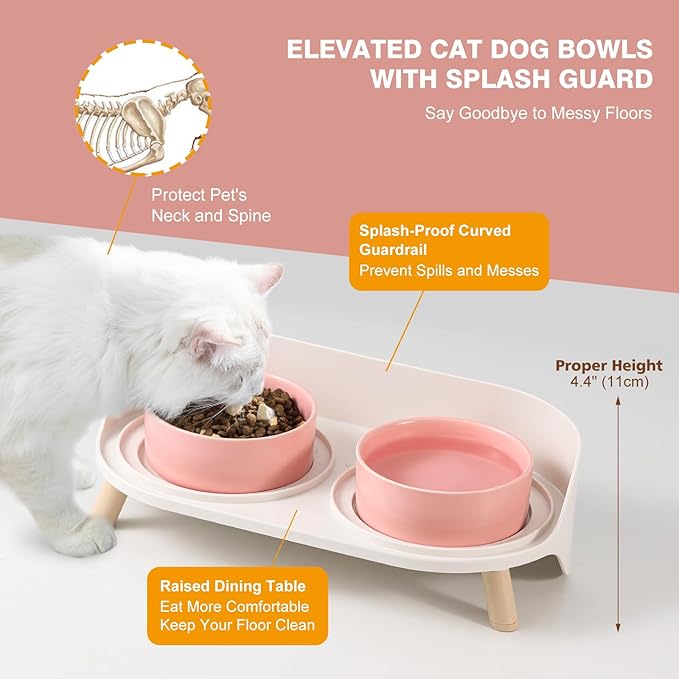 Raised Cat Food and Water Bowl Set - Elevated Ceramic Dishes with Non-Slip Stand and Splash Guard for Small Dogs - 2 x 320 ML (4.9 OZ) - Pink