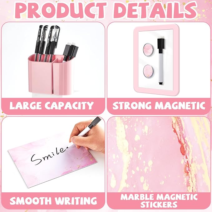 13 Pcs School Lockers Magnetic Decor Locker Accessories Kit with Magnetic Pink Marble Print Whiteboard Locker Shelf Mirror Pen Holder Buckle Sheet Organizer Decoration Essential Back to School Supply