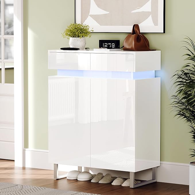 VINGLI Modern White Shoe Cabinet with LED Lights, High Gloss Entryway Shoe Storage Organizer with 2 Drawers & Adjustable Shelves, Freestanding Hidden Shoe Rack for 15+ Pairs, 30.7" W