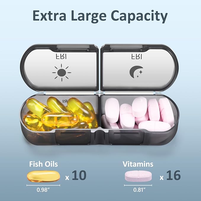 Fullicon Large Portable Pill Organizer 2 Times a Day, Black | Each Compartment Holds 10 Fish Oils or 16 Vitamins, Lid Stays Open Reliably, Double Secure Lock, Durable Hinges, Fits Purse
