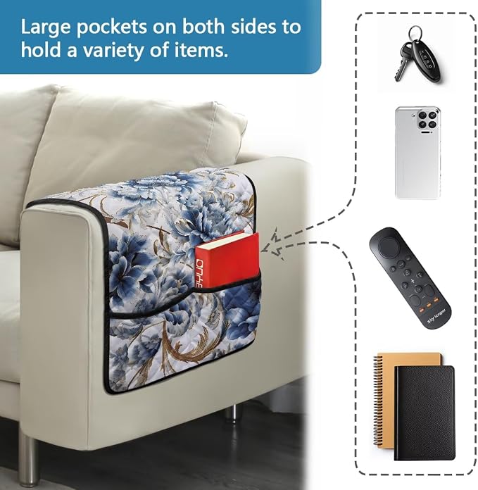 Sofa Armrest Covers Non-Slip Arm Rest Covers Washable Couch Arm Cover with Organizer Pockets Dustproof Furniture Protector for Living Room Decoration Floral