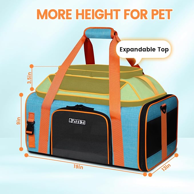 Top-Expandable Pet Carrier 19"x13"x9" Airline Approved, Blue | for Southwest Allegiant Airlines, Lockable Safety Zippers and Anti-Scratch Mesh, Pets Under 12 Lbs