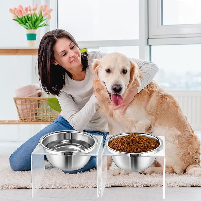 Ziliny 2 Set Acrylic Elevated Dog Bowls Stand 6.3" Tall Pet Acrylic Feeder Come with 2 Removable Stainless Steel Bowls for Large Dogs, Raised Durable Dog Bowl Pet Feeding Station