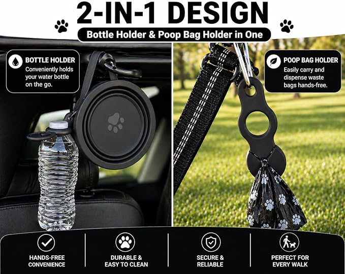 Black Collapsible Travel Dog & Cat Bowl – BPA-Free Silicone & 18/8 Stainless Steel, Portable Non-Slip Food & Water Bowl with Handle, Bottle/Poop Bag Holder – Claim Your
