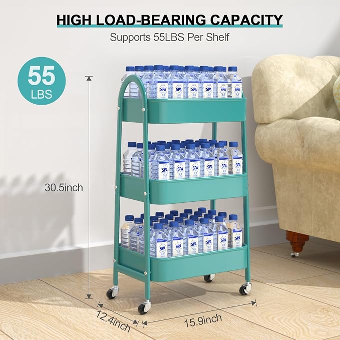 3 Tier Utility Rolling Cart, Metal Storage Cart with Handle and Lockable Wheels, Multifunctional Storage Organizer Trolley with Mesh Baskets for Kitchen, Living Room, Office, Garage (Turquoise)