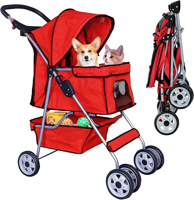 Best 4 Wheels Pet Stroller for Dog Cat, Lightweight and Foldable Pet Jogger Stroller, Carrier Strolling Cart W/Cup Holders Removable Liner for Small and Medium Dog Cat or Pet - Red