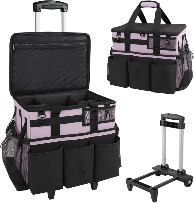 SCAVATA Rolling Cleaning Caddy Bag with Detachable Trolley, Large Cleaning Supplies Organizer with Wheels, Multi-Pocket Cleaning Cart with Adjustable Shoulder Strap for Housekeepers (Lilac)