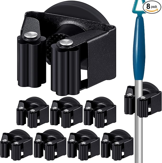 Vercraft 8 Pcs Magnetic Broom Holder Wall Mounted Anti Slip Rack,Black | Movable Magnetic Organizer for Mops Brooms, Dual Roller Grip, Wall Storage for Garage Kitchen Laundry Garden Tools