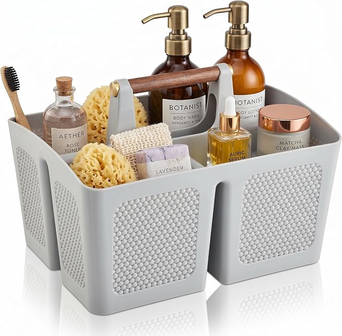 Haundry Plastic Light Gray Shower Caddy Basket with 3 Compartments, Portable Divided Bathroom Cleaning Caddy Organizer Storage Tote with Handle for Dorm, College, Room Essentials