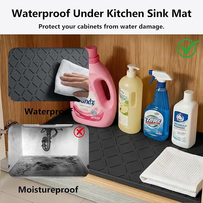Mateeylife Under Sink Mat Kitchen Waterproof, Silicone Sink Tray 22"X19" | Under Sink Organizer Cabinet Shelf Protective Liner, Multi-use Silicone Mat for Boot Tray & Litter Mat, Classic Black