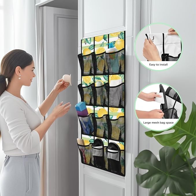 Lemons Over the Door Shoe Organizer,Hanging Storage Bags with 12 Mesh Large Pockets,Behind Door Shoes Hang Holder Rack