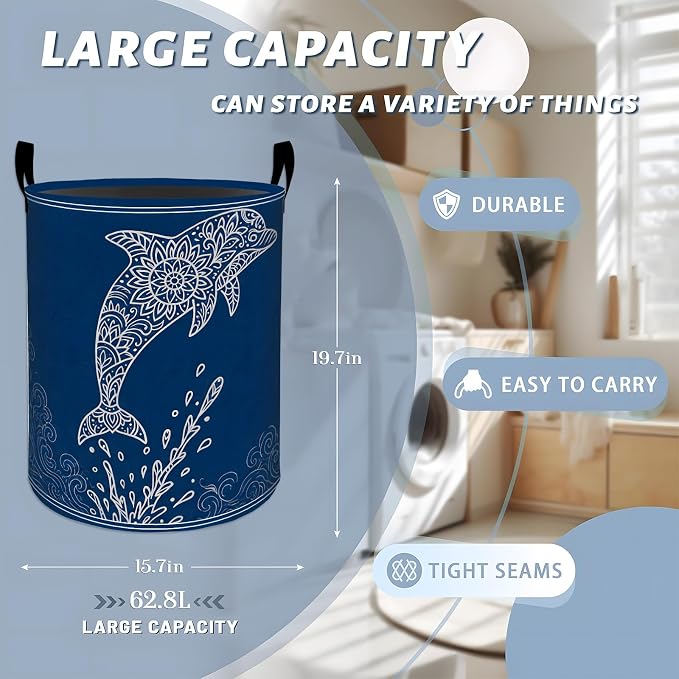 Jumping Dolphin Laundry Basket, Blue Bohemian Ocean Waves Storage Hamper, Round Collapsible Waterproof Cloth Bin, 19.7x15.7 Inch Boho Sea Clothes Organizer Gifts for Bathroom Decor