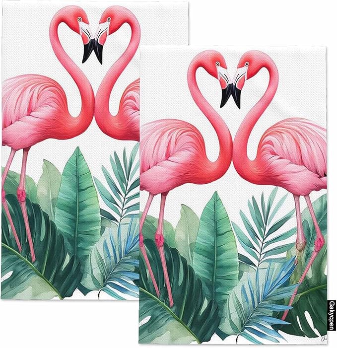 Couple Pink Flamingos 2Pcs Kitchen Towels Tropical Watercolor Flamingo Seasonal Summer 16X24 Inch Ultra Soft Tea Towel Super Absorbent Terry Dish Towels for Kitchen Linens