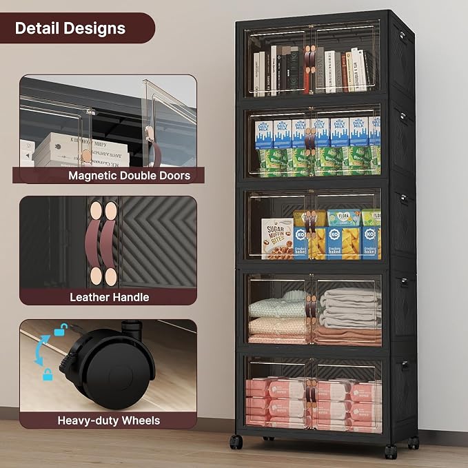 Stackable Storage Bins with Lids, 240QT Lockable Storage Cabinet | Folding Storage Box with Doors and Wheels, Collapsible Plastic Drawers for Home, Garage, Office