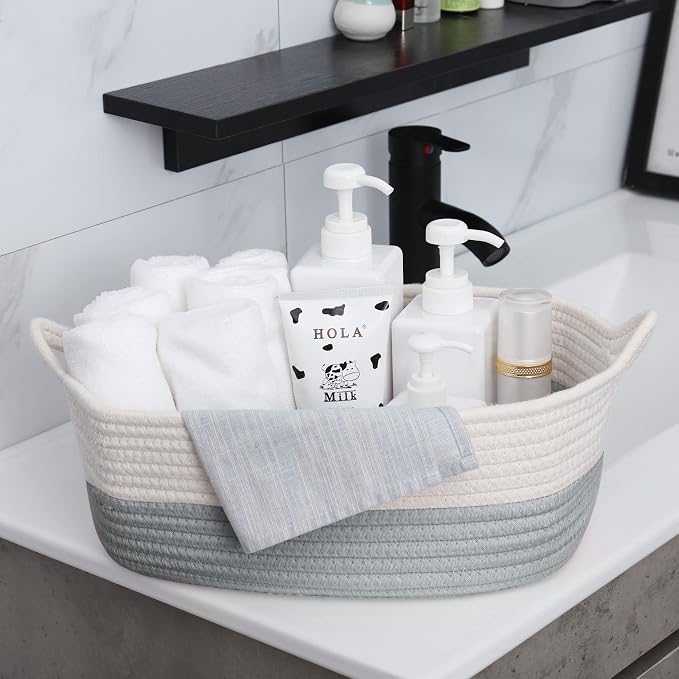ABenkle Small Storage Basket with Handles, Cotton Rope Woven Dog Cat Toy Bin, Decorative Shelves Closet Organizing for Nursery Laundry Bedroom Bathroom, 14.2''x 11''x 5.1''