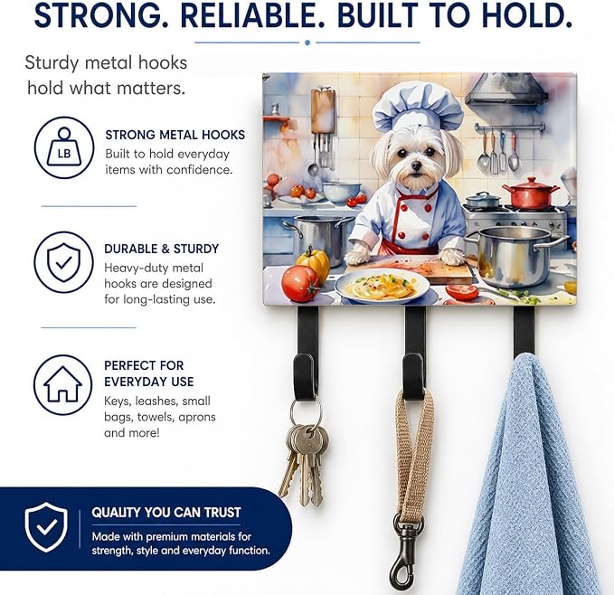 Caroline's Treasures Maltese The Chef Leash or Key Holder Wall Hooks, Key Hooks Holder, Coat Rack Wall Mount, Coat Hooks, Hooks for Hanging Keys, Towels, Aprons, Leashes | Maltese The Chef artwork on ceramic tile with three steel hooks for keys, leashe...