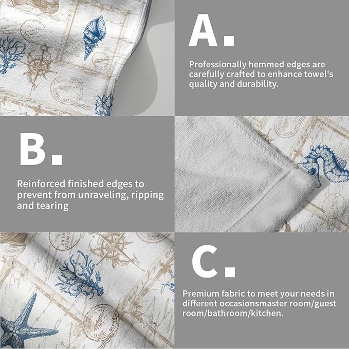 Giwawa 2PCs Vintage Nautical Towel Retro Coastal Coral Sailboat Compass Hand Face Towels Summer Seahorse Seashell Soft Microfiber Dish Towel for Bathroom Guest Gym Spa Hotel Season Decor