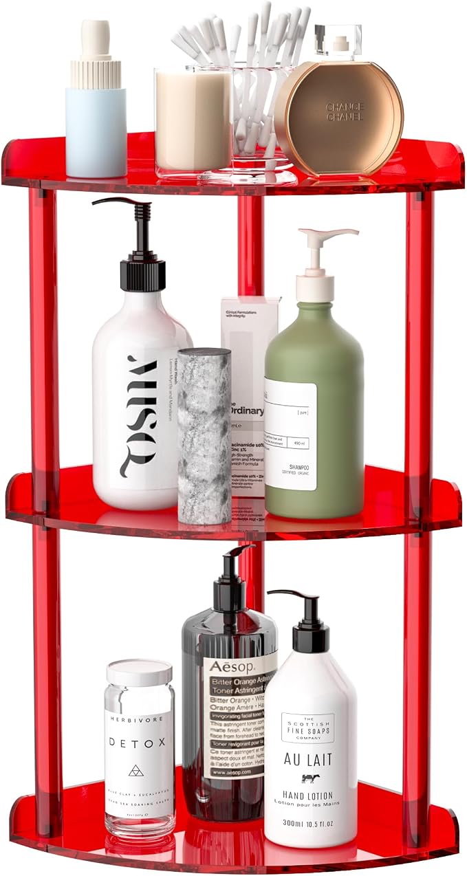Sezanrpt 3 Tier Countertop Corner Organizer Shelf 7x7x15.7 Inch, Red Countertop Acrylic Bathroom Corner Shelf, Vanity Storage Organizer for Cosmetics, Toiletries