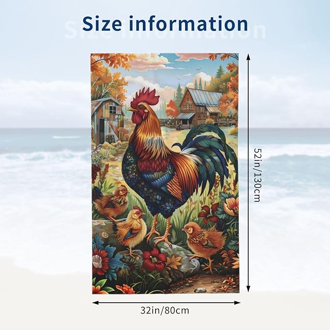 Farm Rooster Beach Towel 31inx51in, Chicken Sand-Free Microfiber Bath Towel Ultra Soft Quick Dry Pool Towel Absorbent Towel Lightweight Towel for Swimming Bathroom Decor