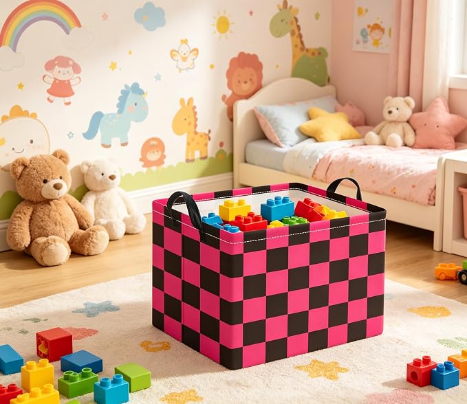 Rectangular Kids Basket Baby Girl Basket Fabric Storage Bin Organizer Box Room Decor(Pink Black Checkered)